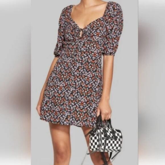 Wild Fable Black Floral Dress Puff Sleeves Key Hole Opening w/ Tie Size Small - Picture 2 of 8